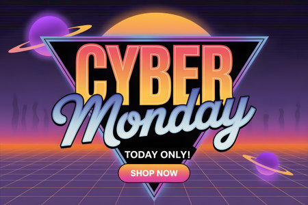 Cyber monday sale banner in a retro futuristic style with neon text and planets, advertising a one day online shopping event with a shop now buttonの素材