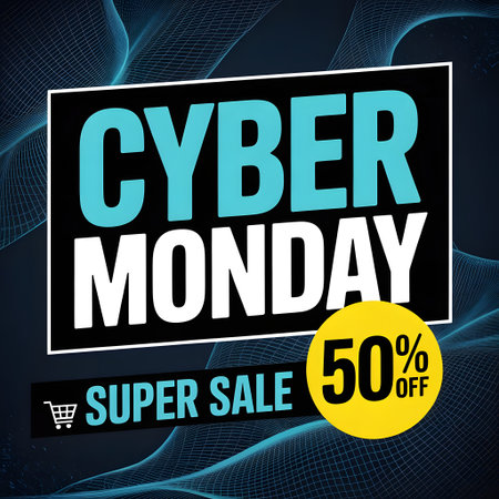 Cyber monday super sale graphic with bold text and a 50 off circle, set against a dark, abstract background with wavy linesの素材