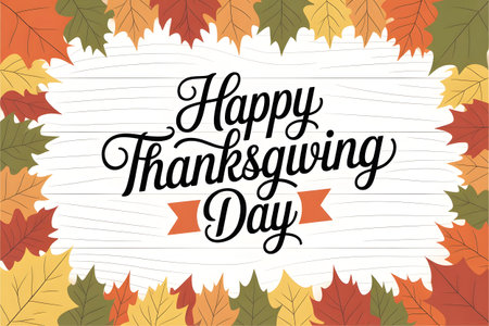 Happy thanksgiving day greeting card with a decorative border of colorful autumn leaves and a white textured background, celebrating the fall holiday season with gratitudeの素材