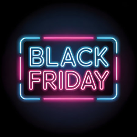 Black friday neon sign with glowing blue and pink lights on a dark background, representing a sale and shopping eventの素材