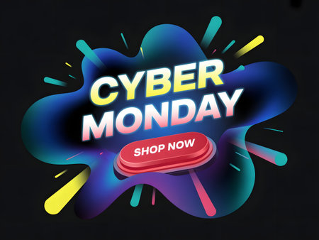 Cyber monday sale announcement with a vibrant abstract splash shape, featuring a shop now button and dynamic bursts, promoting online shopping deals and discountsの素材