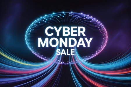Cyber monday sale with glowing abstract digital sphere and light trails, representing futuristic online shopping, technology, and global commerce during the holiday seasonの素材