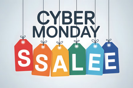 Cyber monday sale tags hanging, representing online shopping deals and discounts for the biggest online shopping day of the year, a major retail eventの素材
