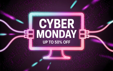Cyber Monday sale banner in neon style.の素材