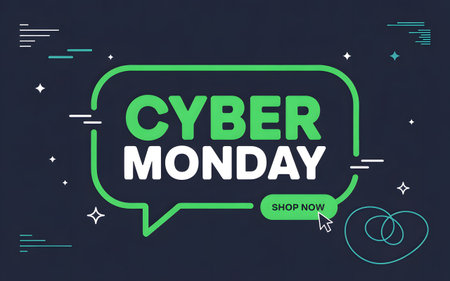 Cyber monday sale announcement in a speech bubble with a shop now button, featuring green neon outline and dark backgroundの素材