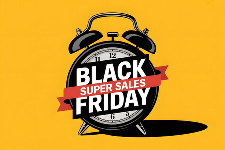 Black friday super sales alarm clock on yellow background, concept for retail, shopping, and discountsの素材