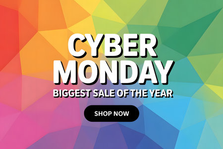 Cyber monday sale banner with biggest sale of the year and shop now button, set against a vibrant, colorful lowpoly abstract background for online retail promotionsの素材