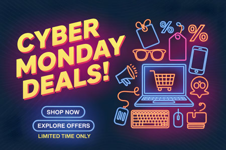 Cyber monday deals text with neon icons of shopping cart, laptop, phone, tags, glasses, and megaphone, encouraging online purchasesの素材