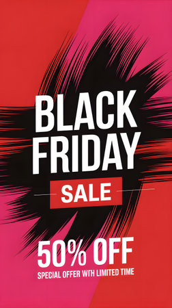 Black friday sale banner with 50 off special offer and limited time message, featuring bold white text over a dynamic, energetic red and pink brush stroke backgroundの素材