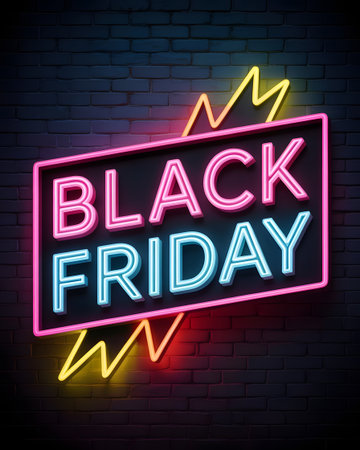 Black friday neon sign glowing in the dark on a brick wall, advertising a major shopping event with colorful lights and bold textの素材