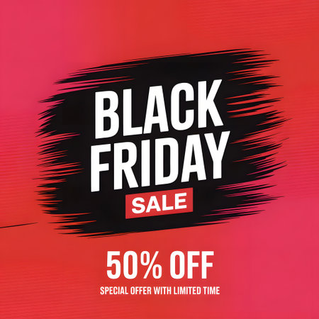 Bold black friday sale announcement with 50 off special offer, set against a vibrant red and pink gradient background with brush stroke effectの素材