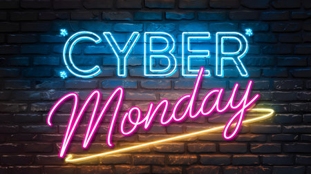 Cyber monday neon sign with blue and pink lights on a brick wall, symbolizing online shopping and digital promotionsの素材