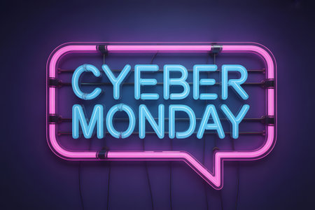 Cyber monday neon sign in a speech bubble shape, glowing with blue and pink lights, advertising online sales and shopping eventsの素材