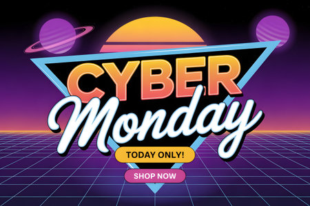 Retro futuristic cyber monday sale banner with neon grid, planets, and a vibrant sunset, promoting online shopping deals and discountsの素材
