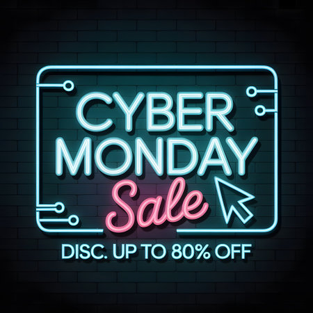 Cyber monday sale neon sign with discount up to 80 off and cursor arrow icon, promoting online shopping and digital marketing dealsの素材