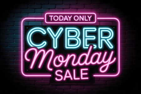 Cyber monday sale neon sign with today only text, glowing in blue and pink against a brick wall, advertising a limitedtime online shopping eventの素材