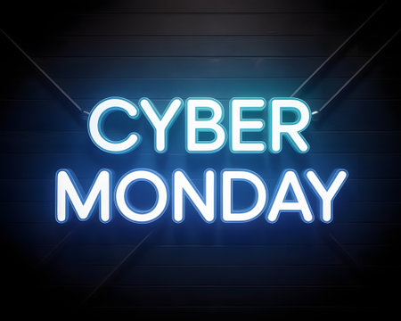 Cyber monday neon sign glowing blue on a dark wooden background, representing online shopping and digital dealsの素材