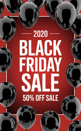 Black friday sale 2020 with 50 off discount, framed by black balloons on a red background, representing shopping and retail promotionsの素材