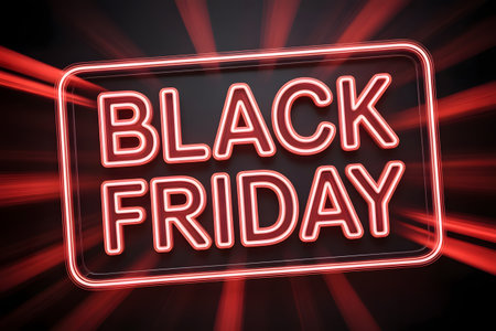 Black friday neon sign glowing with red light beams in the background, representing a sale and shopping eventの素材