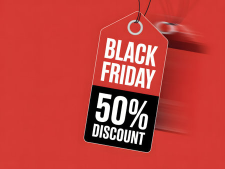 Black friday sale tag with 50 discount offer, hanging against a vibrant red background, symbolizing great savings and retail promotionsの素材
