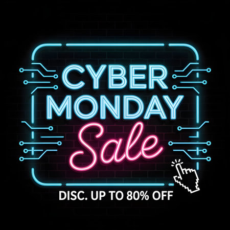 Cyber monday sale neon sign with discount up to 80 off and cursor hand icon, promoting online shopping and digital marketing dealsの素材