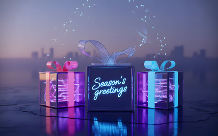 Three glowing gift boxes with ribbons and sparkling particles, one in the center displaying seasons greetings on a dark, futuristic cityscape backgroundの素材
