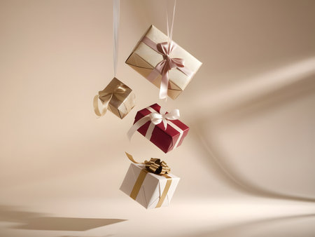 A collection of four assorted gift boxes with ribbons, elegantly suspended in the air, perfect for conveying joy and celebrationの素材