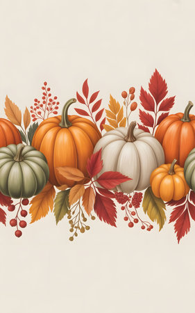 A decorative border of colorful pumpkins and autumn leaves on a light background, perfect for fall harvest and thanksgiving themesの素材