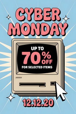 Cyber monday sale announcement with up to 70 off for selected items on a retro computer screen with a cursor pointing to itの素材