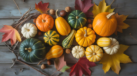 A bountiful harvest of assorted pumpkins and gourds arranged artfully on a rustic wooden surface with fallen autumn leavesの素材
