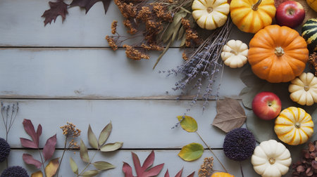 Autumn harvest arrangement with various pumpkins, gourds, apples, dried flowers, and colorful leaves on a weathered blue wooden surfaceの素材