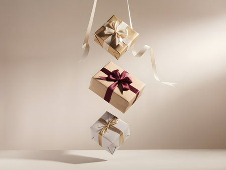 Three beautifully wrapped gift boxes with ribbons suspended in midair, symbolizing surprise, celebration, and special occasionsの素材