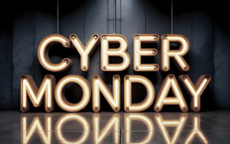 Illuminated neon sign spelling out cyber monday in a retro style, casting a warm glow on a dark, textured wall and its reflection below, symbolizing a major online shopping eventの素材