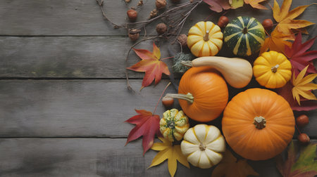 Assorted pumpkins, gourds, and autumn leaves artfully arranged on a weathered wooden background, creating a rustic fall harvest sceneの素材