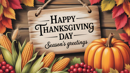 Happy thanksgiving day seasons greetings sign surrounded by autumn leaves, corn, cranberries, and a large pumpkin on a wooden backgroundの素材