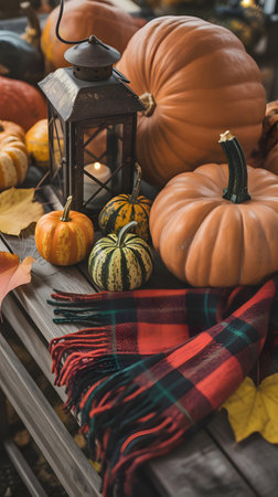Cozy autumn scene with assorted pumpkins, a vintage lantern, and a plaid scarf on a wooden table, surrounded by fallen leavesの素材