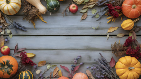 Autumn harvest frame with pumpkins, gourds, apples, and dried leaves on a rustic blue wooden background, top view, copy space in the centerの素材
