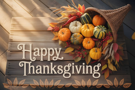 Happy thanksgiving decorative arrangement with a cornucopia overflowing with pumpkins, gourds, and autumn leaves on a rustic wooden surfaceの素材