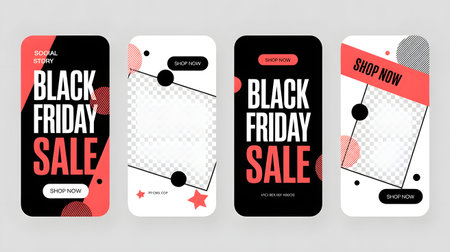 Collection of four black friday sale story templates featuring bold typography, abstract elements, and space for product imagesの素材