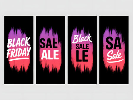 Set of four black friday sale banners with vibrant brush stroke effect, bold typography, and contrasting colors for online advertisingの素材