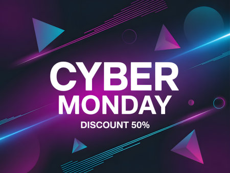 Cyber monday sale with 50 discount and abstract geometric shapes, neon lights, and futuristic design elements on a dark backgroundの素材