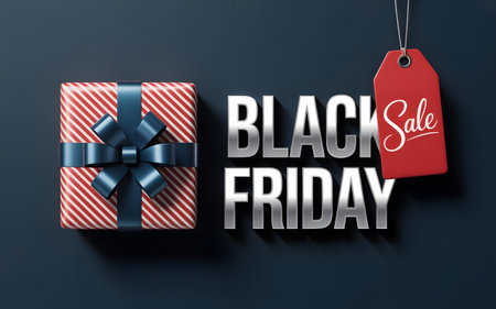 Black friday sale with a gift box and red sale tag on a dark blue background, representing shopping and discounts during the holiday seasonの素材