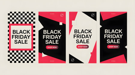 Collection of four black friday sale story templates with bold typography, abstract shapes, and checkered patterns for social media marketingの素材