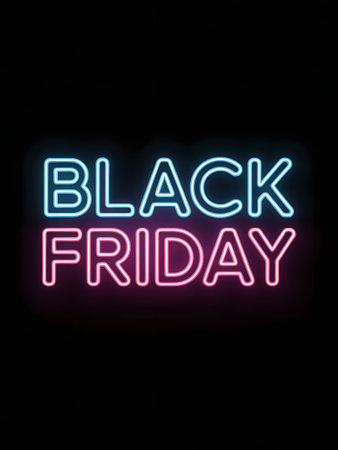 Black friday neon sign glowing in the dark with blue and pink light, representing shopping and sales eventの素材