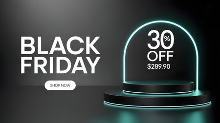 Black friday sale with a neon sign displaying 30 off and a price, presented on a stage with a dark background, highlighting a special promotionの素材