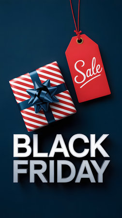 Black friday sale concept with a gift box and a red sale tag, emphasizing discounts and holiday shoppingの素材