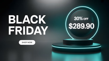 Black friday sale with a 30 off discount displayed on a glowing circular sign, promoting special offers and savingsの素材