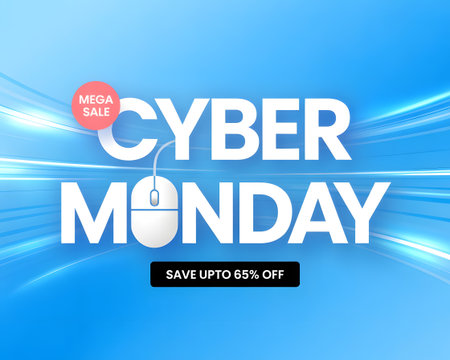 Cyber monday sale announcement with mega sale text, save upto 65 off, computer mouse icon, and abstract light streaks on a blue background, digital promotion, online shopping event, ecommerce deal, technology sale, internet offer, seasonal discount, marketing graphic, advertisement, announcement, bargain, savings, special price, limited time, retail event, consumerism, modern design, abstract, blue, light, streak, computer, mouse, icon, mega, sale, cyber, monday, discount, offer, deal, promotion, marketing, advertisement, announcement, bargain, savings, special, limited, time, retail, consumerism, modern, abstract, blue, light, streak, computer, mouse, icon, mega, saleの素材