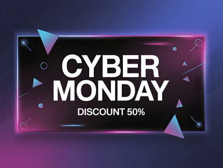 Cyber monday discount 50 off banner with neon light effect, geometric shapes, and abstract background, digital promotion, online shopping event, ecommerce deal, technology sale, internet offer, seasonal discount, marketing graphic, advertisement, announcement, bargain, savings, special price, limited time, retail event, consumerism, modern design, abstract, neon, light, geometric, shape, banner, cyber, monday, discount, offer, deal, promotion, marketing, advertisement, announcement, bargain, savings, special, limited, time, retail, consumerism, modern, abstract, neon, light, geometric, shape, bannerの素材
