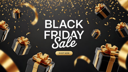 Black Friday sale banner with realistic gift boxes and confetti.の素材